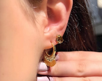 Gold Coin Charm Hoop Earrings, Delicate 18K Gold Plated Boho Hoops, Lightweight Dangle Earrings, Gift for Women