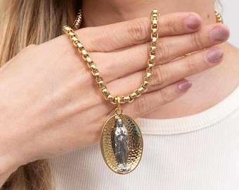 Halskette mit Marienmotiv, Wundermedaille, 18 Karat vergoldeter katholischer Anhänger, zweifarbige Marienmedaille, christliches Geschenk für Frauen