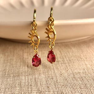 Ruby Red Crystal Drop Earrings, Gold Evil Eye Dangle Earrings, 18K Gold Plated, Protective Jewelry, Gift for Her