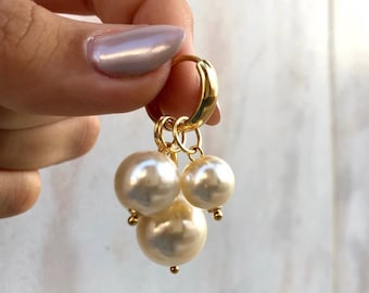 18K Gold Plated Convertible Hoop Earrings, Removable Pearl Charms, Elegant Everyday Jewelry