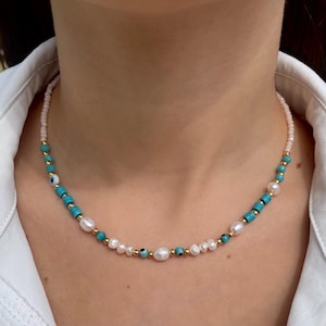 Handmade Turquoise and Freshwater Pearl Necklace – Evil Eye Charm, Gold Plated