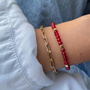 Ruby Crystal Bracelet – 18k Gold Plated Beaded Stretch Bracelet – Dainty Handmade Jewelry Gift for Her