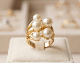 Bague en grappe de perles, bague en plaqué or 18 carats, bague en perles tendance, cadeau bijoux élégant pour femme