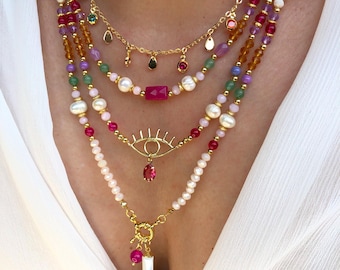 Colorful Beaded Necklace with Freshwater Pearls, Gemstone Necklace, Boho Pearl Jewelry, Summer Necklace for Women