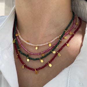 Gold Beaded Charm Necklace – Single Dainty Crystal Bead Choker with 18k Gold Drops – Boho Layering Necklace