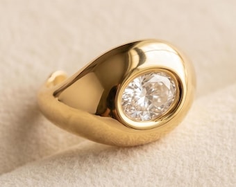 Verstellbarer 18K Vergoldeter Kristallring, Ovaler Solitärring, Minimalistischer Goldring, Offener Ring Geschenk für Frauen