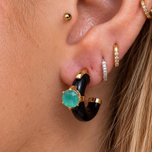 Handcrafted Lab-Created Paraiba Tourmaline Earrings, Black Enamel Hoops, 18K Gold Plated Small Hoop Earrings