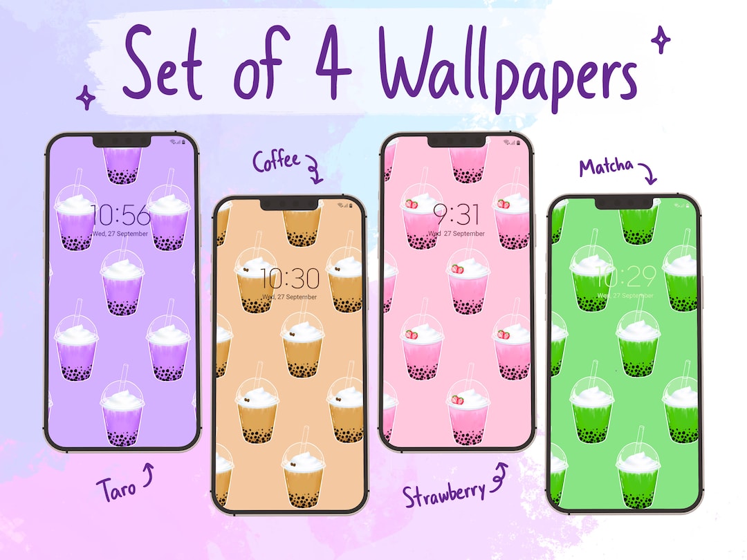 Cute Matching Boba Set of 4 Wallpapers Taro, Strawberry, Matcha, Coffee