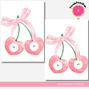 May include: Two sets of pink cherries with pink bows and green stems. Each cherry has a white circle with a number on it. The numbers are 16, 55, 16, and 44.