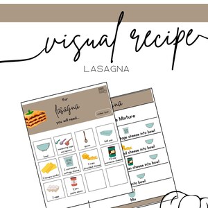 Cartão de receita visual de lasanha, culinária para crianças, cozinhar com a mãe, atividade para necessidades especiais, casa Montessori, habilidades para a vida, atividade escolar em casa no outono