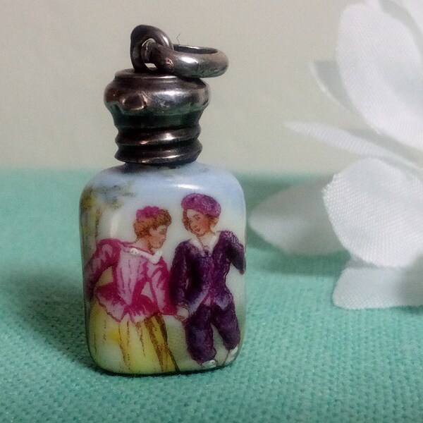 Antique Miniature Edwardian Porcelain Hand-Painted Perfume Scent Bottle with Silver Screw Cap