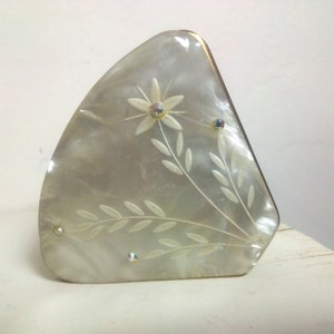 1950s Fan Shaped Floral Design Mother-Of-Pearl Folding Lipstick Holder Mirror Collectible