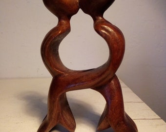 Hand-crafted Wooden Lovers Sculpture Vintage Seated Abstract