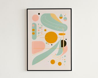 Mid Century 3 Boho Wall, Digital Art Prints, Modern Minimalist, Boho Wall Abstract Pastel Blue Pink and Yellow Art print for Bedroom