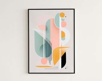 Mid Century 1 Boho Wall, Digital Art Prints, Modern Minimalist, Boho Wall Abstract Pastel Blue Pink and Yellow Art print for Bedroom