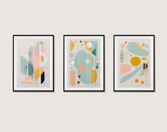 Mid Century 3-PACK! Boho Wall, Digital Art Prints, Modern Minimalist, Boho Wall Abstract Pastel Blue Pink and Yellow Art print for Bedroom