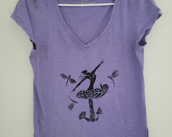 Women's XL light cotton T-shirt with mushroom ballet dancer screen print design