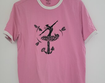 Men's Medium cotton T-shirt with mushroom ballet dancer screen print design