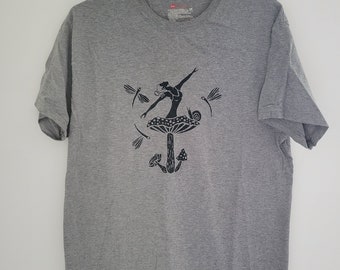 Unisex Medium cotton T-shirt with mushroom ballet dancer screen print design