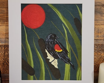 Matted Print of Original Red-Winged Blackbird Canvas Painting (8x10in Print in 11x14in White Mat)