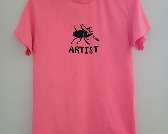 Unisex Small cotton T-shirt with "ARTIST" stag beetle screen print design