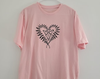 Unisex Large cotton T-shirt with moth and fern screen print design