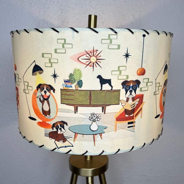 Mid Century Vintage Style Fiberglass Lamp Shade Atomic Intelligent Brindle Boxer Retro Eames Starburst Mod Kitsch MCM Bohemian Hippie Dog