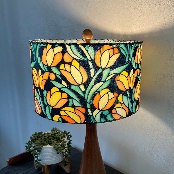Mid Century Vintage Style Fiberglass Lamp Shade “Stained Glass” Tulip Art Nouveau Floral Spring Flower Garden Blooming Leaded  Window MCM