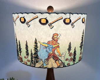 Mid Century Vintage Style Fiberglass Lamp Shade Paul Bunyan & Babe Lumberjack Bohemian Pancake Flapjack Boho Tall Tale Atomic Blue Oxen MCM