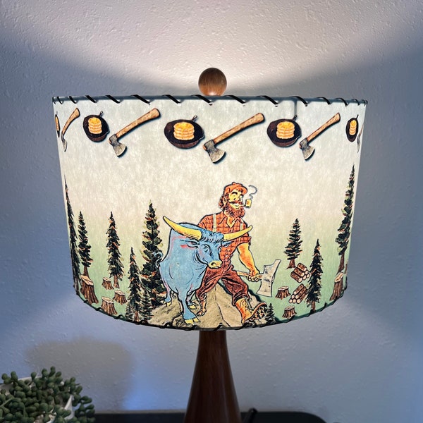 Mid Century Vintage Style Fiberglass Lamp Shade Paul Bunyan & Babe Lumberjack Bohemian Pancake Flapjack Boho Tall Tale Atomic Blue Oxen MCM