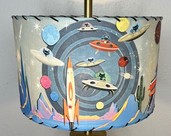 Mid Century Vintage Style Fiberglass Lamp Shade Atomic Rocket Robot Kitty Cat MCM Kitsch Mod Starburst Planets Retro Mars Invasion NEATO