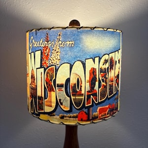 Handmade Fiberglass Lamp Shade - Mid Century Modern Wisconsin Postcard Scenes - 10”d x 8”h