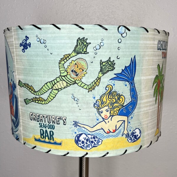 Mid Century Vintage Style Fiberglass Lamp Shade Retro Tiki Bar Horror Frankenstein Dracula Wolfman Creature Halloween Pop Beach Fantasy