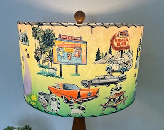 Mid Century Vintage Style Fiberglass Lamp Shade Raccoon Trash Panda Invasion Route 66 MCM Drive-In Movie Classic Car Retro Kitsch Mother Rd.