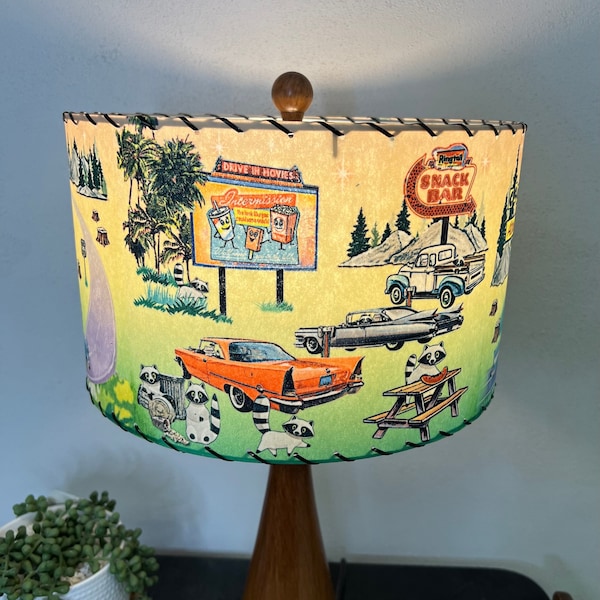 Mid Century Vintage Style Fiberglass Lamp Shade Raccoon Trash Panda Invasion Route 66 MCM Drive-In Movie Classic Car Retro Kitsch Mother Rd.