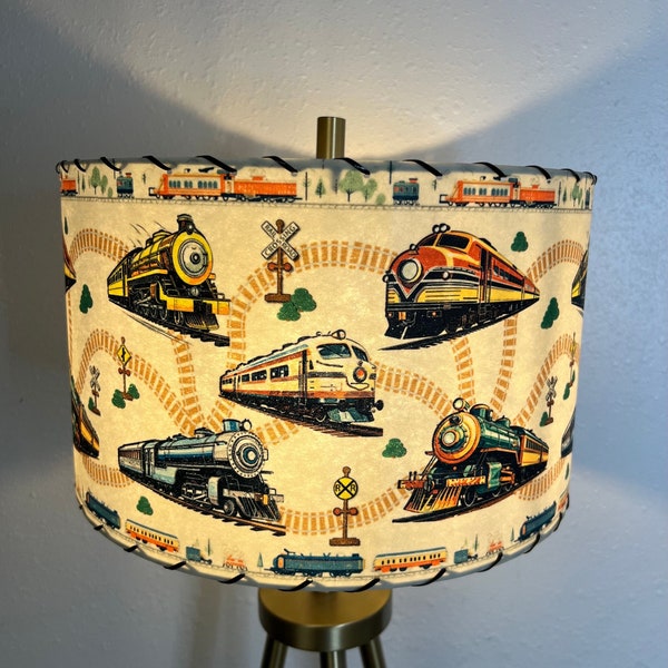 Mid Century Vintage Style Fiberglass Lamp Shade Retro Steam Engines & MCM Model Electric Toy Train Locomotives Railroad Set 13”d x 8”