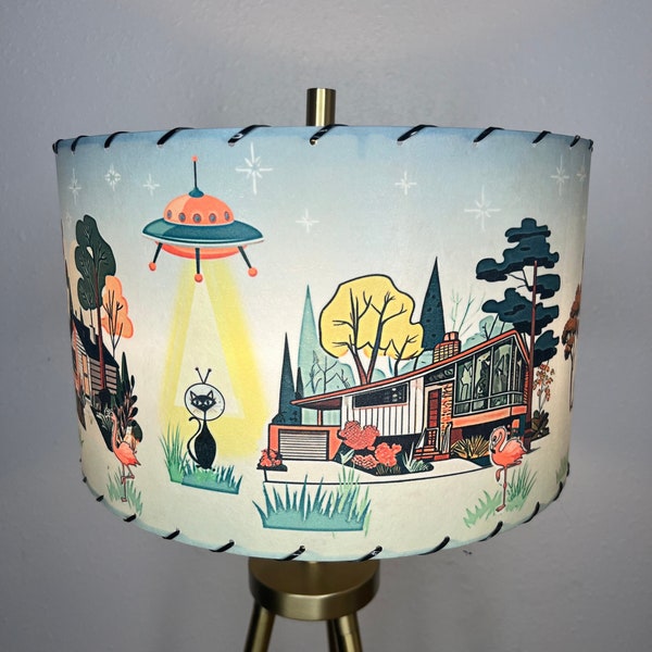 Mid Century Vintage Style Fiberglass Lamp Shade Atomic Intelligent Kitty Cat Invasian Mod UFO Kitsch Flamingos MCM Architecture Rocket Boho