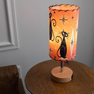 Handmade Fiberglass Lamp Shade & Touch Control Base - Mid Century Modern Coral Pink Atomic Kitty Cat