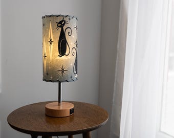 Fiberglass Lamp Shade & Touch Control Base - Mid Century Modern Blue Atomic Kitty Cat
