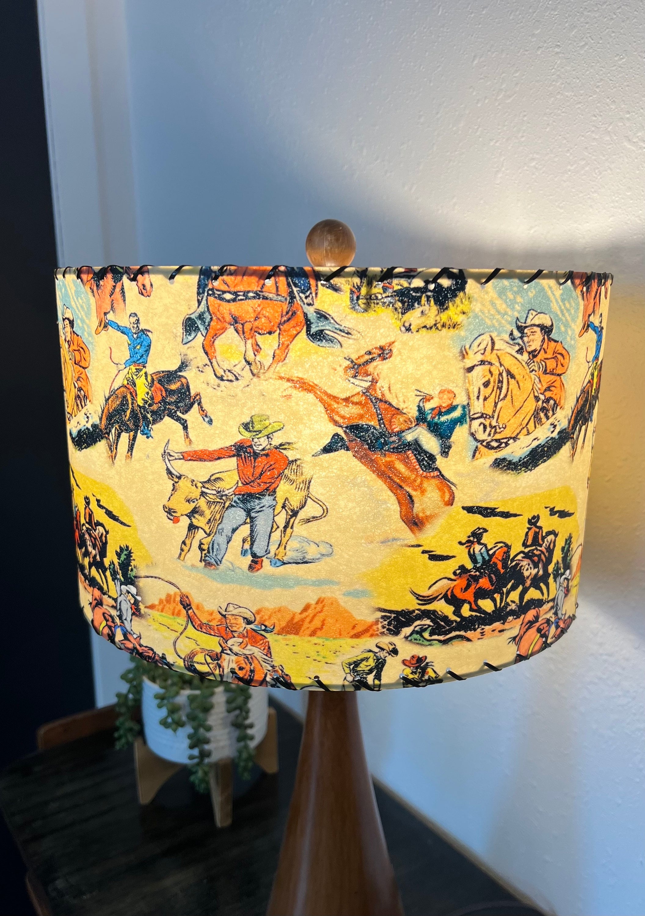 Mid Century Modern Vintage Style Fiberglass Lamp Shade Cowboy Rodeo Horse MCM Wild West Cactus John Wayne Roy Rogers Retro Bohemian Farm 13