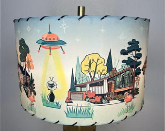 Handmade Fiberglass Lamp Shade - Mid Century Modern Style Kitty Cat UFO Invasion
