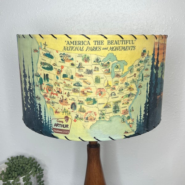 Mid Century Vintage Style Fiberglass Lamp Shade Retro National Park Inspired “America the Beautiful” USA MCM Nature Forest Ranger Hiker 13”