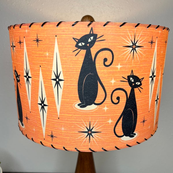 Mid Century Vintage Style Fiberglass Lamp Shade Kitty Cat Atomic Starburst Mod Grass Cloth Kitsch MCM 50s 60s Coral Pink Retro Bohemian Boho