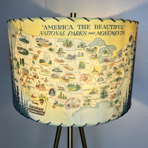 Mid Century Vintage Style Fiberglass Lamp Shade Retro National Park Inspired “America the Beautiful” USA MCM Nature Forest Ranger Hiker 16”