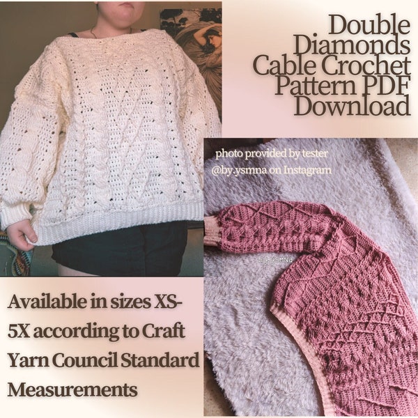 Double Diamonds Cable Crochet Oversized Sweater Pattern XS-5X *PDF DOWNLOAD*