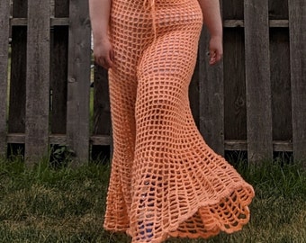 Orange Sherbet Mesh Flared Bellbottom Crochet Pants