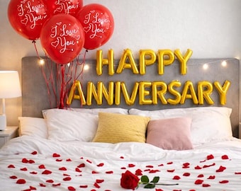 Romantic anniversary room decor balloons, rose petals happy anniversary, Valentines day surprise