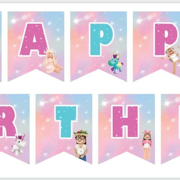 Happy birthday banner for robot girls decoration cute avatar rainbow party theme, video game pink decor