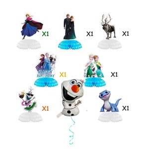 May include: Frozen themed party decorations featuring characters from the movie, including Elsa, Anna, Olaf, Kristoff, Sven, and the Snow Queen. The decorations are made of paper and cardboard and are perfect for a Frozen themed birthday party.