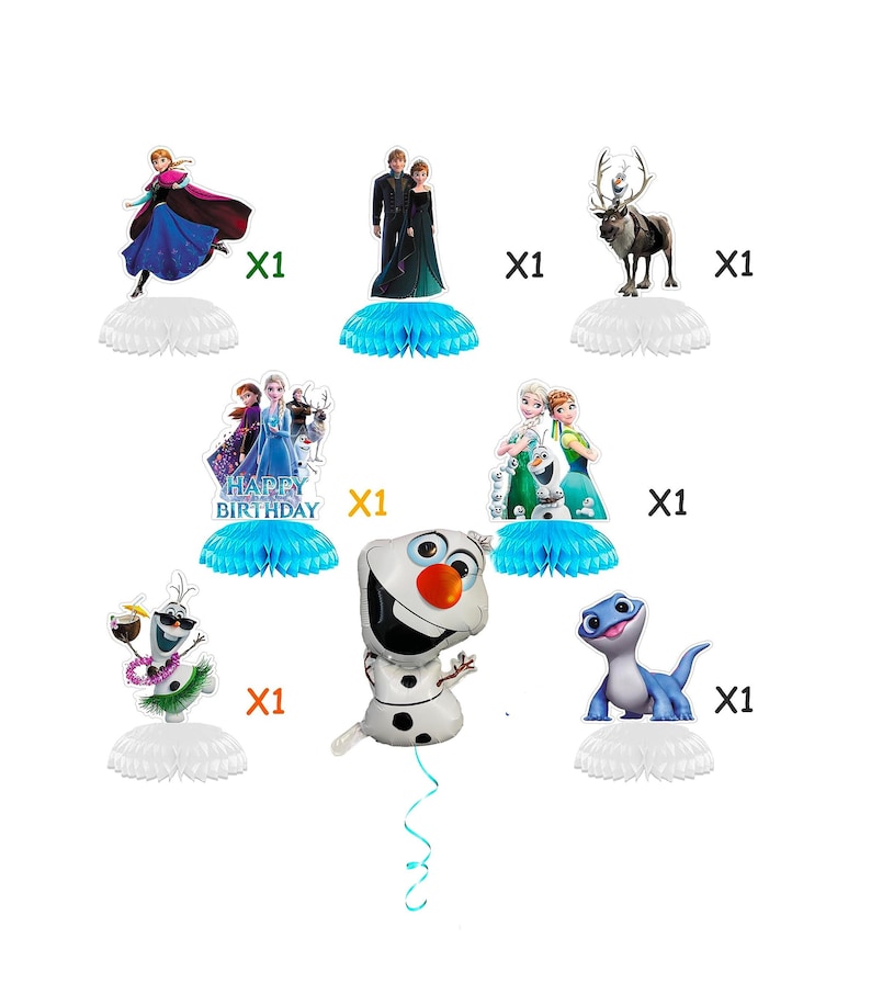 May include: Frozen themed party decorations featuring characters from the movie, including Elsa, Anna, Olaf, Kristoff, Sven, and the Snow Queen. The decorations are made of paper and cardboard and are perfect for a Frozen themed birthday party.